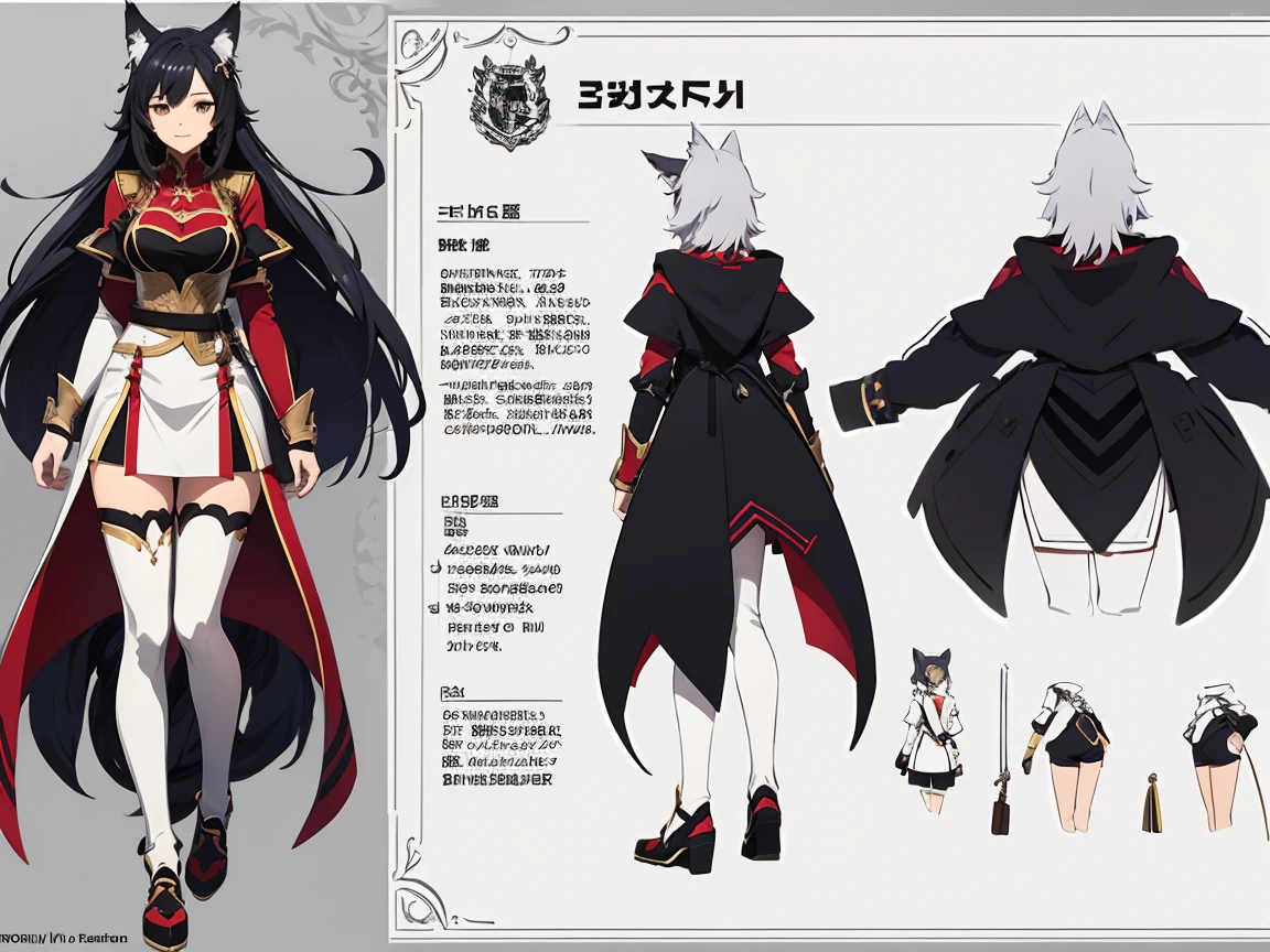Character Sheet, full-body, female, tall, black-haired, anime, anime style, wolf ears, wolf tail, white armor, 4k, high quality