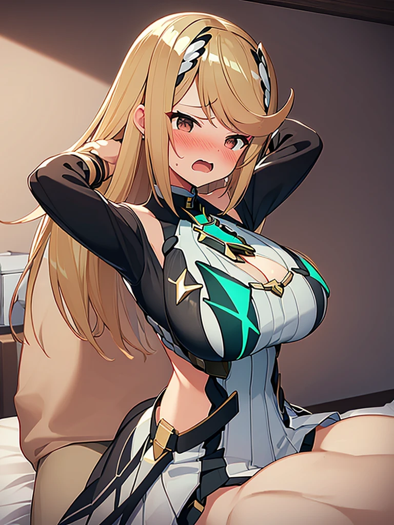 (Masterpiece, Top quality: 1.5), nsfw, sitting on bed, (1boy and 1girl are having sex on the bed:1.3), (Mythra :1.3),(breast grab from behind:1.3), a boy is with black hair , (large breasts:1.3), (cleavage:1.2), standard weight, Blonde Hair, 15 year old, angry, (flustered:1.3), sexual climax:1.2, open mouth, bedroom ,cum:1.3, arms up