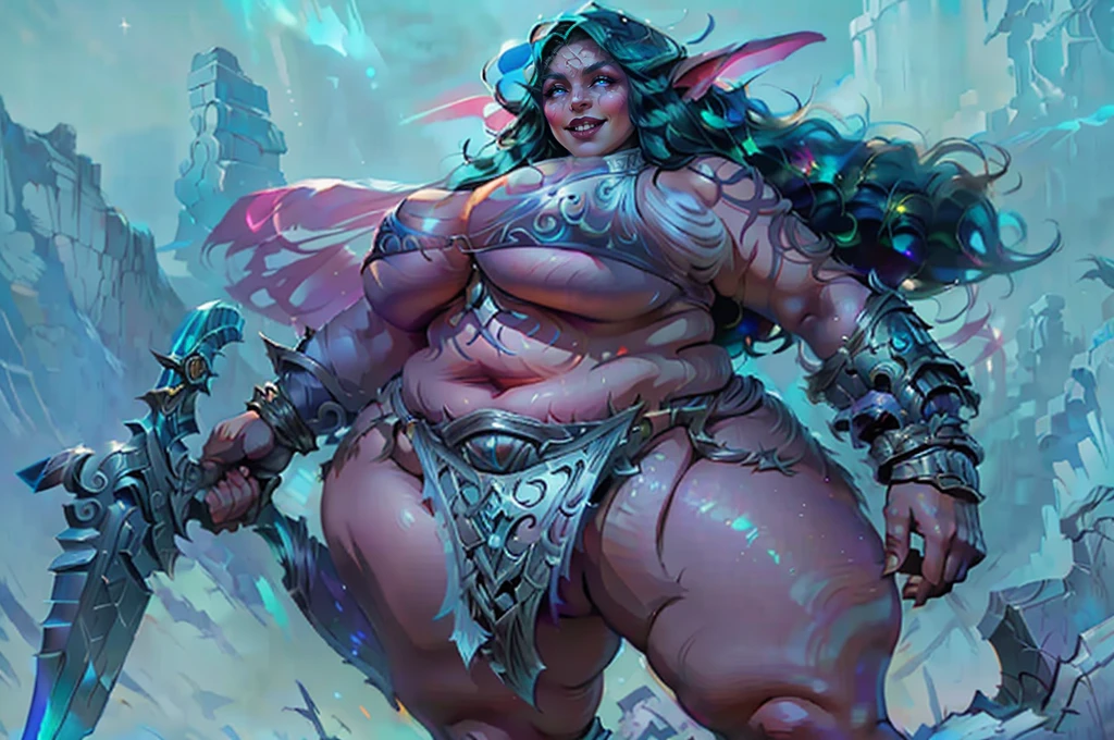 a sexy woman with massive obese USSBBW breasts , TYRANDE WHISPERWIND, NIGHTELF, ELVEN GODDESS, soft night elf skin, long elf ears, from Warcraft, big cheerful smile, iridescent hair,night elf skin, glowing eyes,chubby, thicc milf, commission for high res, sfw version, breasts covered and sfw, warcraft art style, deviantart artstation cgscosiety, deviantart artstation, trendin on artstation, thick armor, oc commission, wlop rossdraws, extremely detailed artgerm, artstation masterpiece, iridescent hair,