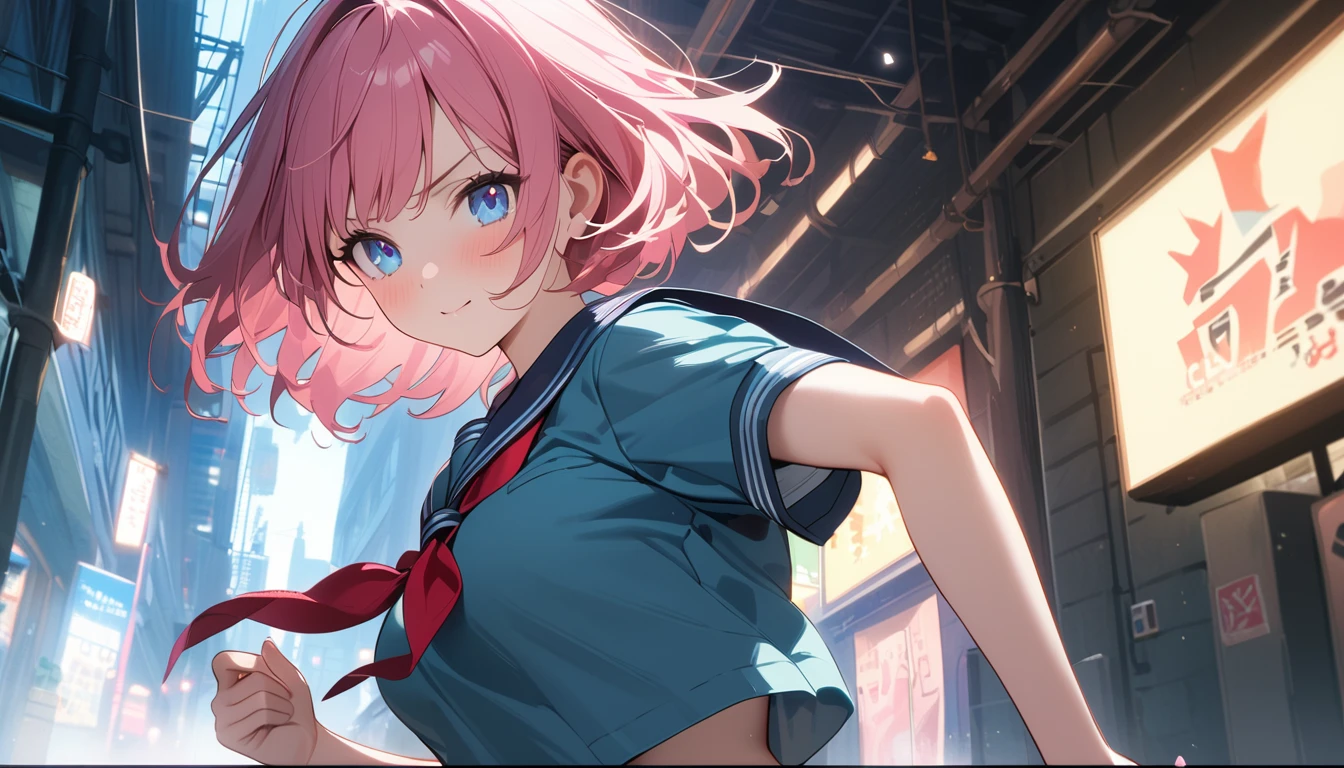 (1 girl),(Fit Body:1.1),(glistening skin:1.1),(pale skin:1.1),(Best Picture Quality, 8K, Masterpiece:1.3),(high school student:1.5), (pink medium hair), (bob cut), (slant skyblue eyes), (looking side:1.3), ((from side:1.3)),(city alley Setting), Professional Lighting, Very Detailed Skin And Hair, (running:1.3), (serafuku:1.3), beguiling expression, (super clear:1.5),