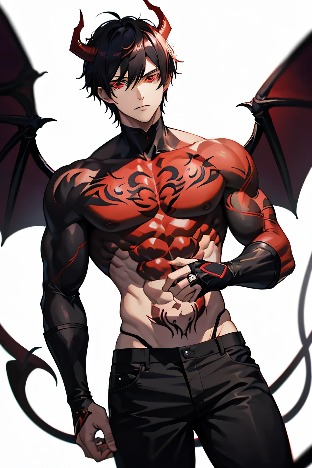 anime boy, A powerful half-demon character, ((with black and white hair)), ((red demonic eyes)), ((and intricate dragon tattoos)), black pants, emerging from a smoky, dark environment, ((blood-red accents)), intense expression, sharp focus, high detail, fantasy world, dark background, clean design, epic, artstation, colorful paint splatter, silhouette, hyper detailed intricate details, unreal engine, fantasy, splash screen, complementary colors, deviantart masterpiece, oil painting, heavy strokes, paint dripping, indifferent expression