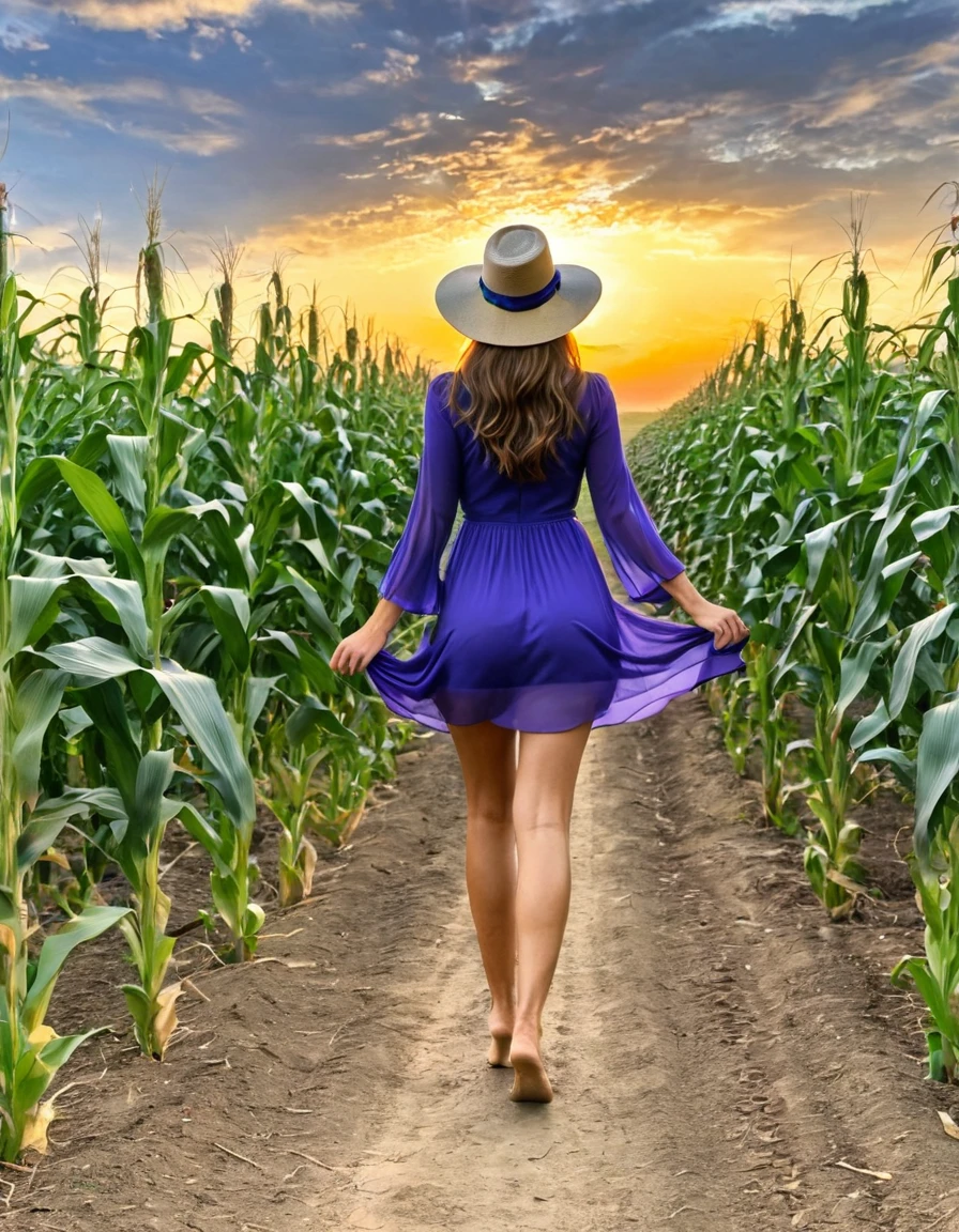 A captivating scene of a woman walking away on a dirt path through a cornfield at sunset. She has long, wavy auburn hair flowing freely, and wears a wide-brimmed straw hat adorned with a large purple bow. The woman is dressed in a short, flowing blue dress that flares up slightly in the wind, revealing her legs and backside. She holds her shoes in her left hand, walking barefoot on the dirt path. The corn plants on the left side of the path are tall and green, with a single ear of corn prominently leaning toward the path, appearing almost anthropomorphic with a droplet at its tip. The sky is a gradient of warm hues, transitioning from a soft orange near the horizon to a muted blue higher up, indicating the setting sun.