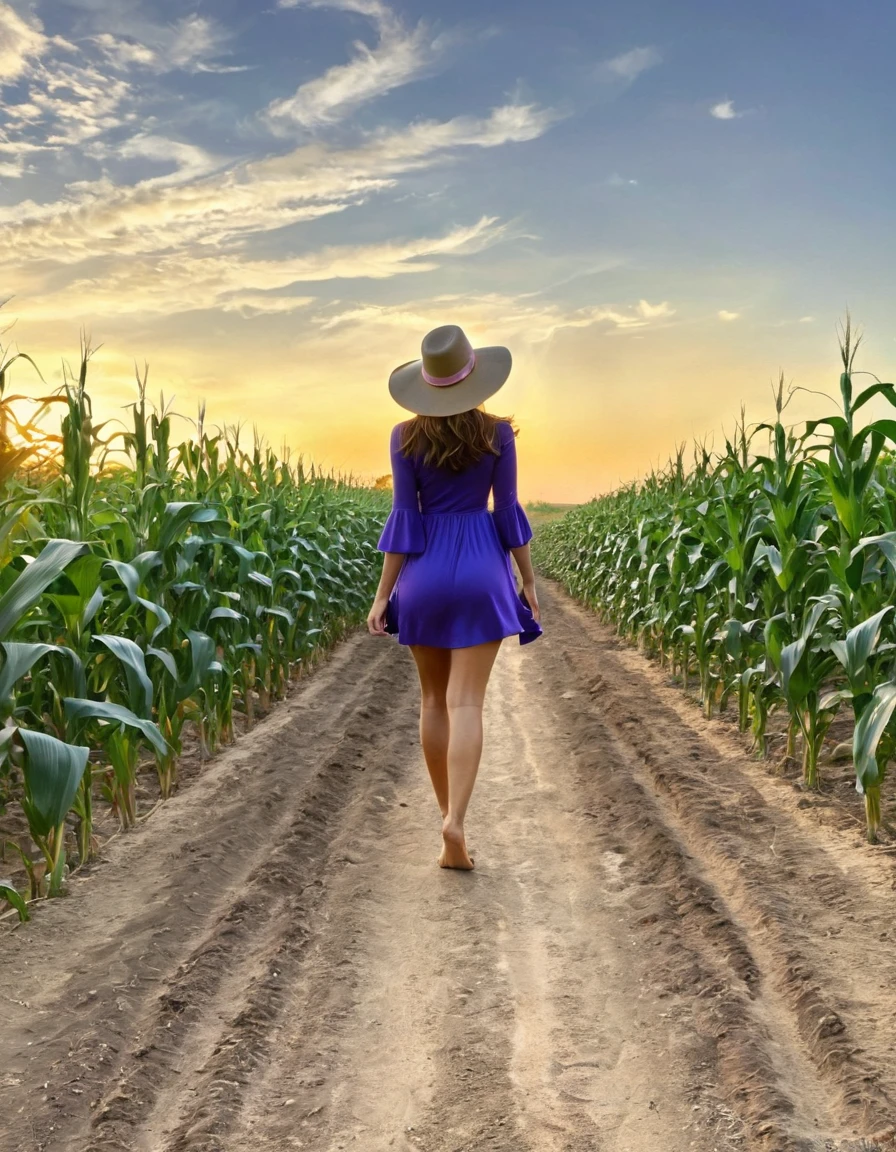 A captivating scene of a woman walking away on a dirt path through a cornfield at sunset. She has long, wavy auburn hair flowing freely, and wears a wide-brimmed straw hat adorned with a large purple bow. The woman is dressed in a short, flowing blue dress that flares up slightly in the wind, revealing her legs and backside. She holds her shoes in her left hand, walking barefoot on the dirt path. The corn plants on the left side of the path are tall and green, with a single ear of corn prominently leaning toward the path, appearing almost anthropomorphic with a droplet at its tip. The sky is a gradient of warm hues, transitioning from a soft orange near the horizon to a muted blue higher up, indicating the setting sun.