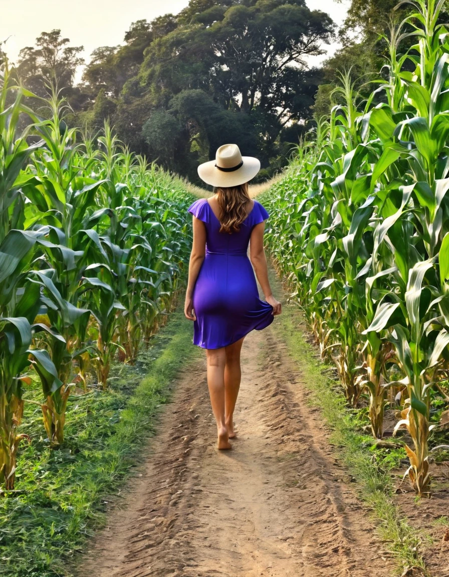 A captivating scene of a woman walking away on a dirt path through a cornfield at sunset. She has long, wavy auburn hair flowing freely, and wears a wide-brimmed straw hat adorned with a large purple bow. The woman is dressed in a short, flowing blue dress that flares up slightly in the wind, revealing her legs and backside. She holds her shoes in her left hand, walking barefoot on the dirt path. The corn plants on the left side of the path are tall and green, with a single ear of corn prominently leaning toward the path, appearing almost anthropomorphic with a droplet at its tip. The sky is a gradient of warm hues, transitioning from a soft orange near the horizon to a muted blue higher up, indicating the setting sun.
