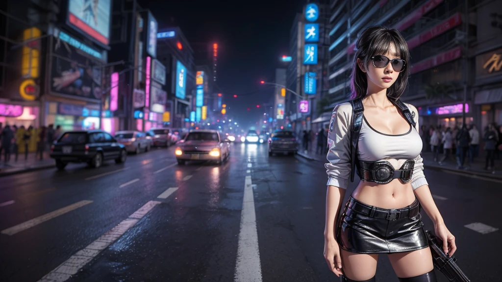 8k, Realistic Skin Texture, Realistic Photo, Neo Tokyo, slim Japanese women, large-breast:1.3 cleavage, AD2050 at night, Dirty hunting jacket, Wearing shirt, miniskirt, (((micro black sunglasses, automatic rifle, sneakers, cold, shooting pose, low angle view))), Innovative composition, revenge, An old 1966 Ford Bronco that looks out of place in a city, cyberpunk, blade runner worldview, Large neon sign, Geisha hologram sign, Strong Wakamoto Sign.