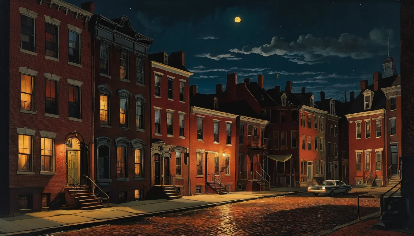 tenebrism, baroque style, dark, Rembrandt, caravaggio, vermeer, dark chiascuro urban America with red brick ghetto homes at night, 1980s, by Edward Hopper, best quality, masterpiece, very aesthetic, perfect composition, intricate details, ultra-detailed, colorful, no people