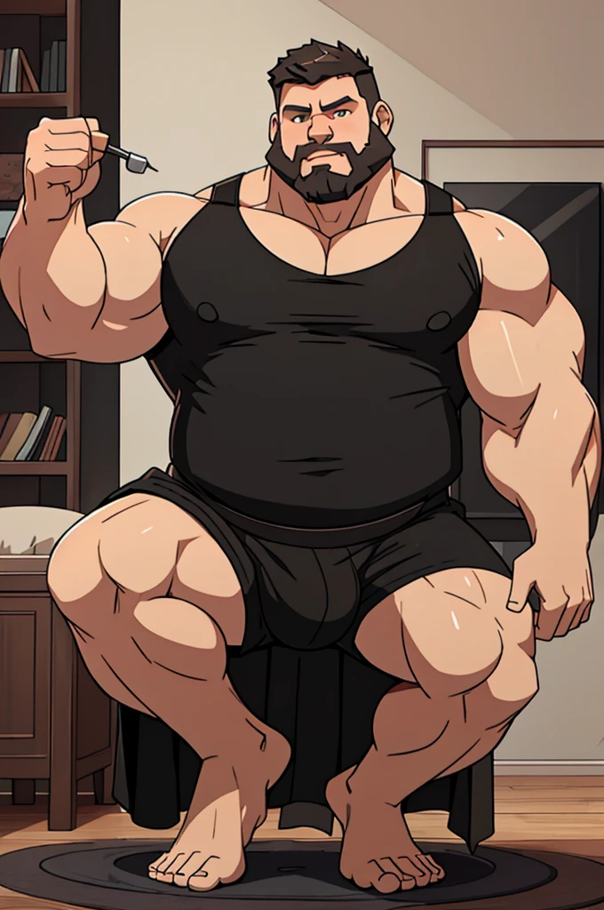 40 years old white Male, tall, giant body, handsome, dad bod, beefy, strong arms and legs, wide shoulders, a bit chubby muscle gut, a bit of fat but still very muscular, extremely hairy, a lot of body hair, short beard, wearing a black bathrobe with long sleeves, wearing a short black boxer brief, unrealistic oversized big bulge, barefoot, smirking, modern minimalist living room