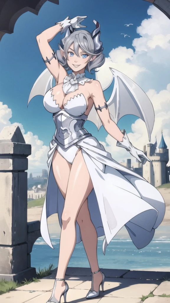 Sunlight Outside castle top High level image quality best image quality 8K adult woman silver castle outside more colors whole body view portrait bikini horn ears short hair((shortcut)(gray hair)(perm)(fluffy)) eye color is blue , , attractive evil face , smile , sexy pose , labrynth , barearm gloves , wearing slave leia outfits , wings , standing , crossed legs, view heels , view foot arc