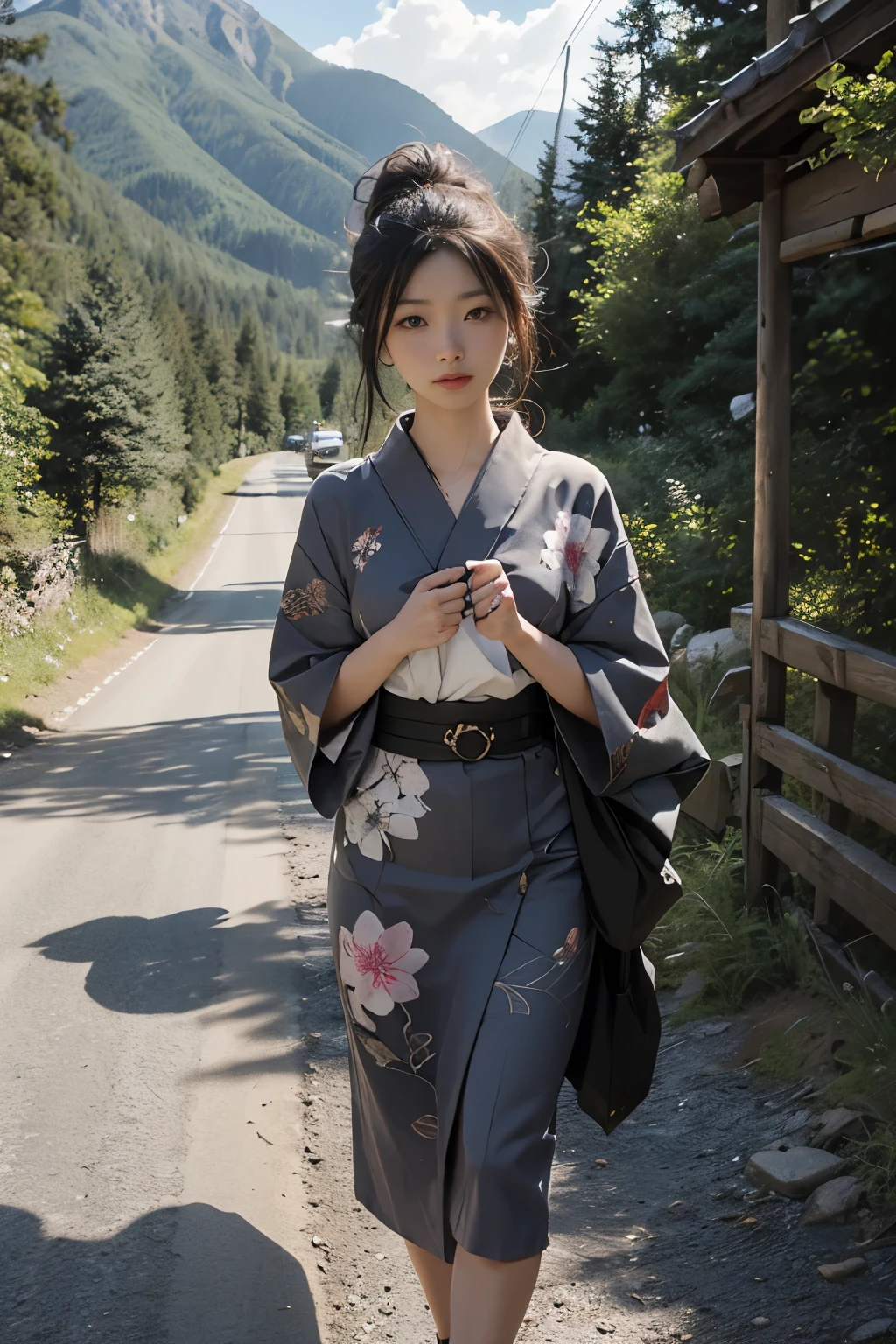Beautiful,Junko Ishihara,Over Amagi,Prostitute,or period,Years falls,Flame of Love,Disheveled Japanese clothing,In the mountains,The twists and turns of the deep mountains,Flames of Passion,Mature women in their thirties,A devoted beauty,Disheveled Hair,Disheveled outfit,A half-crazed woman obsessed with love,Disheveled, thin kimono,thin yukata,A distraught yukata wearer,Female Artist,Narrow eyes,Single-minded gaze,Simple string belt,or period,Dark mountain path,Crossing the mountain pass,Unpaved mountain roads,On the road through the dark forest,Unpaved road,promenade,Mountain trail,Dirt Road,登Mountain trail,When the road wasn't paved yet,Old mountain path,ground road,carriage,rickshaw,She's wearing light clothing and her chest is exposed.,Beautiful Mature Woman,Her chest is open, exposing her beautiful nipples.,