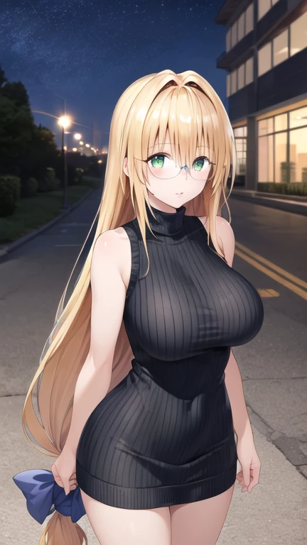 masterpiece, best quality, highres, aatearju, very long hair, low-tied long hair, hair ribbon, green eyes, glasses, large breasts,  sweater dress, turtleneck, sleeveless, night, street,