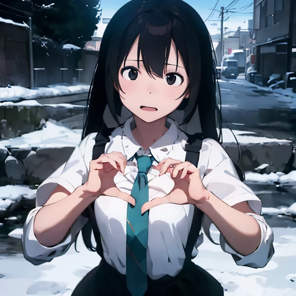 Heart Hands、angry、Spiteful eyes、、Black Hair、blunt bangs、White shirt、 hatsune miku,1 girl, 2D CG, Advanced digital anime art, anime character