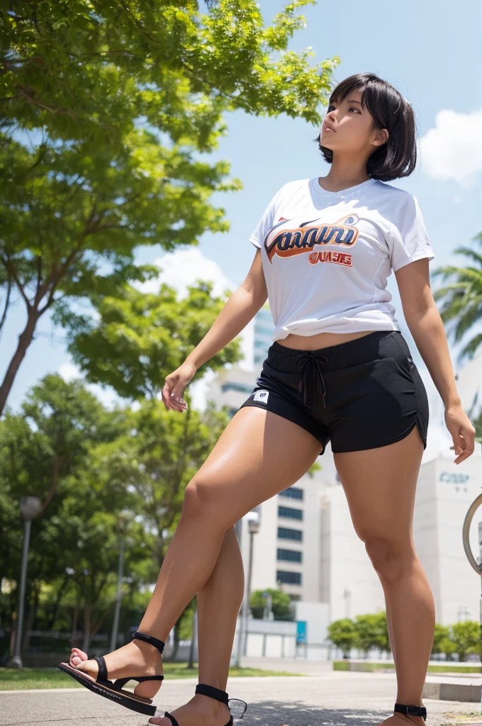 ,(tanned skin:1.3), japanese female,mascular thighs,sport jersey short pants,white t-shirt,curvy,at park,sandals,natural black hair,(from below,thighs focus),
