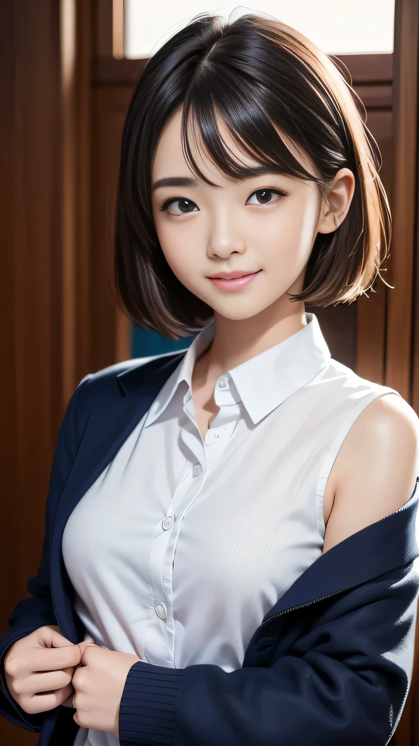 Masterpiece、Best Quality、Illustration、 Super detailed、Fine details、 High resolution、8K Denden Wallpaper、Perfect dynamic composition、17 year old beautiful girl、A neat and clean high school girl、Detailed beautiful face、Detailed beautiful eyes、Textured skin、A shy smile、Short Hair、Small breasts、Bold sexy pose、Navy blue school blazer uniform、