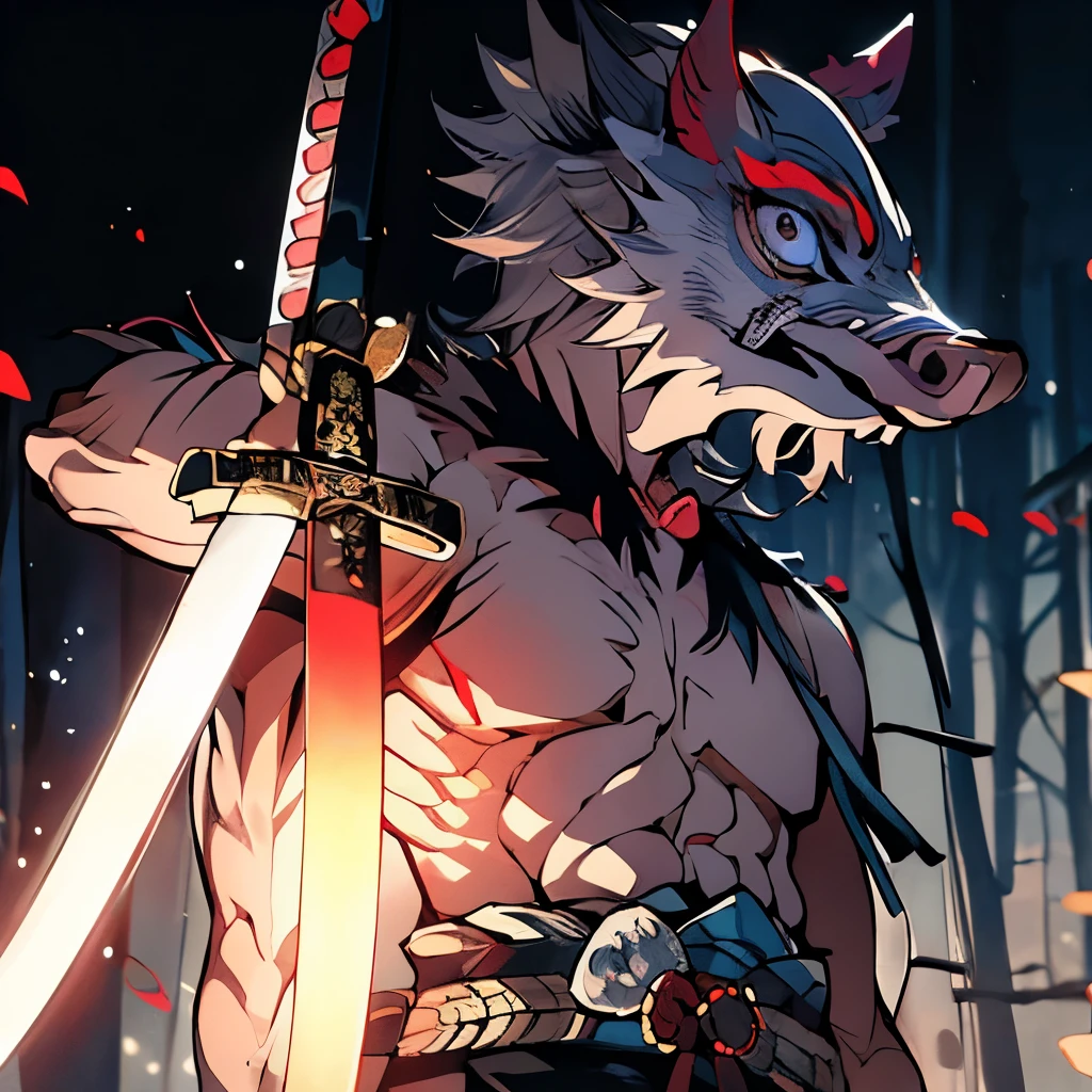 Masterpiece、Delicate eyes、Inosuke Hashibira、Boar Mask、Japanese sword、Night Forest、Upper Body裸、Upper Body