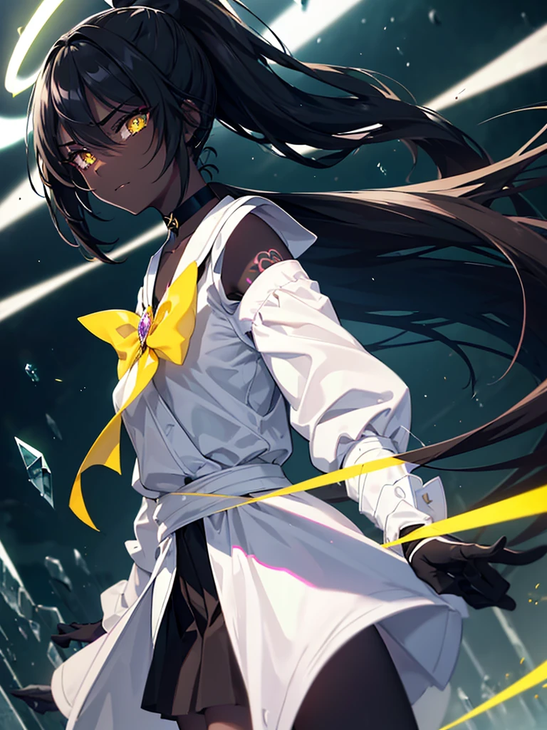1 girl, (dramatic angle:1.5), (bright pupils), light_smile, solo_focus, looking at viewer, light_up, vivid, sharp shine, cinematic_lighting, (open_clothes), (all intricate), (best quality), (game CG), (portrait shot, eye focus:1.3, beautiful face), ((very_dark_skin)), halo, tattoo, (long_hair, black_hair, yellow_eyes, very long hair, ponytail), detached collar, choker, elbow gloves, white gloves, pink bow, brooch, shadows, crystals, terrain, EL_type1, (green, white:1.5), supreme being, glowing, shadow, terrain, DB_type2, 90s style, sailor moon outfit