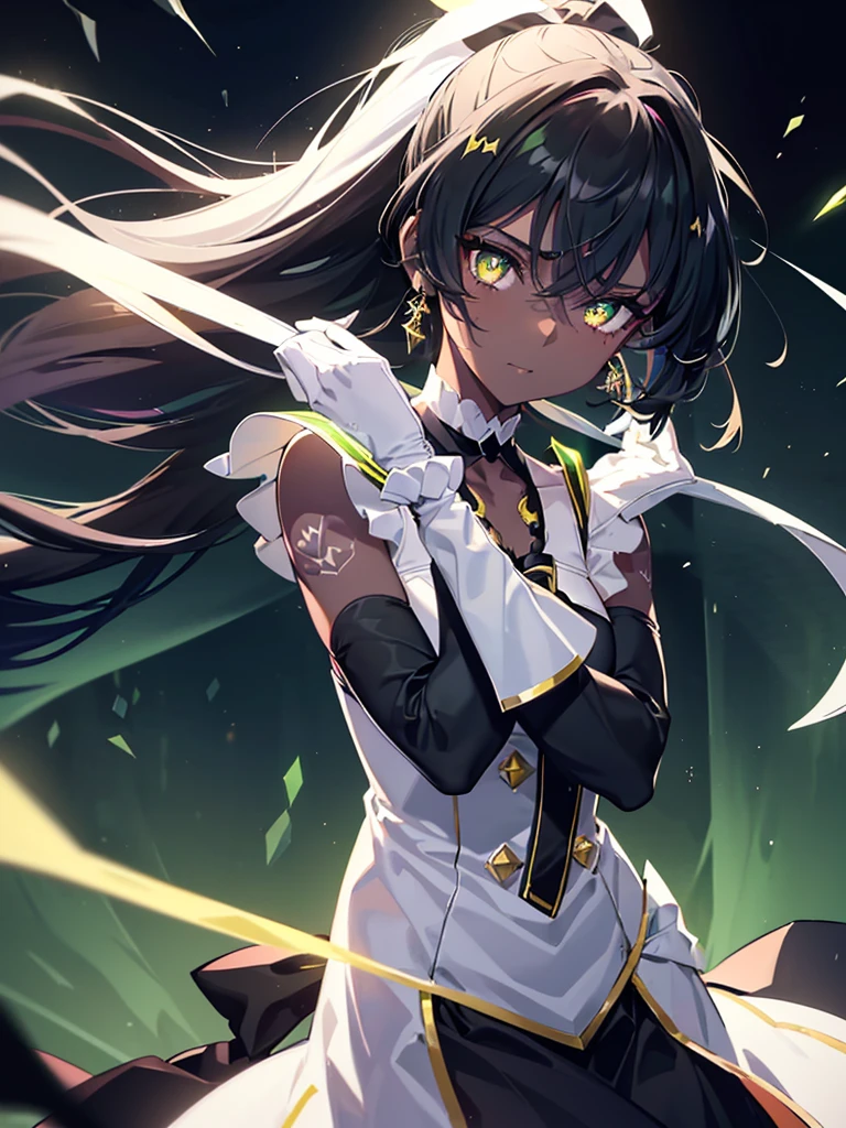 1 girl, (dramatic angle:1.5), (bright pupils), light_smile, solo_focus, looking at viewer, light_up, vivid, sharp shine, cinematic_lighting, (open_clothes), (all intricate), (best quality), (game CG), (portrait shot, eye focus:1.3, beautiful face), ((very_dark_skin)), halo, tattoo, (long_hair, black_hair, yellow_eyes, very long hair, ponytail), detached collar, choker, elbow gloves, white gloves, pink bow, brooch, shadows, crystals, terrain, EL_type1, (green, white:1.5), supreme being, glowing, shadow, terrain, DB_type2, 90s style, sailor moon outfit
