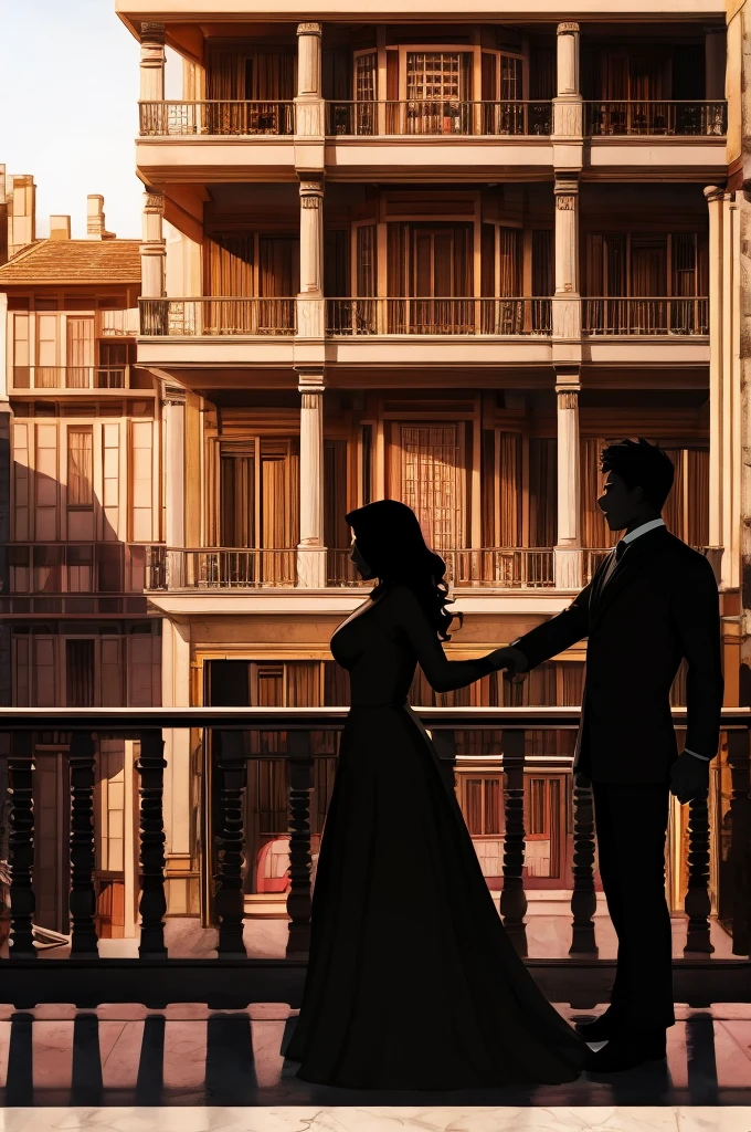 A house with a balcony and on the balcony a silhouette of a woman and a man holding hands
