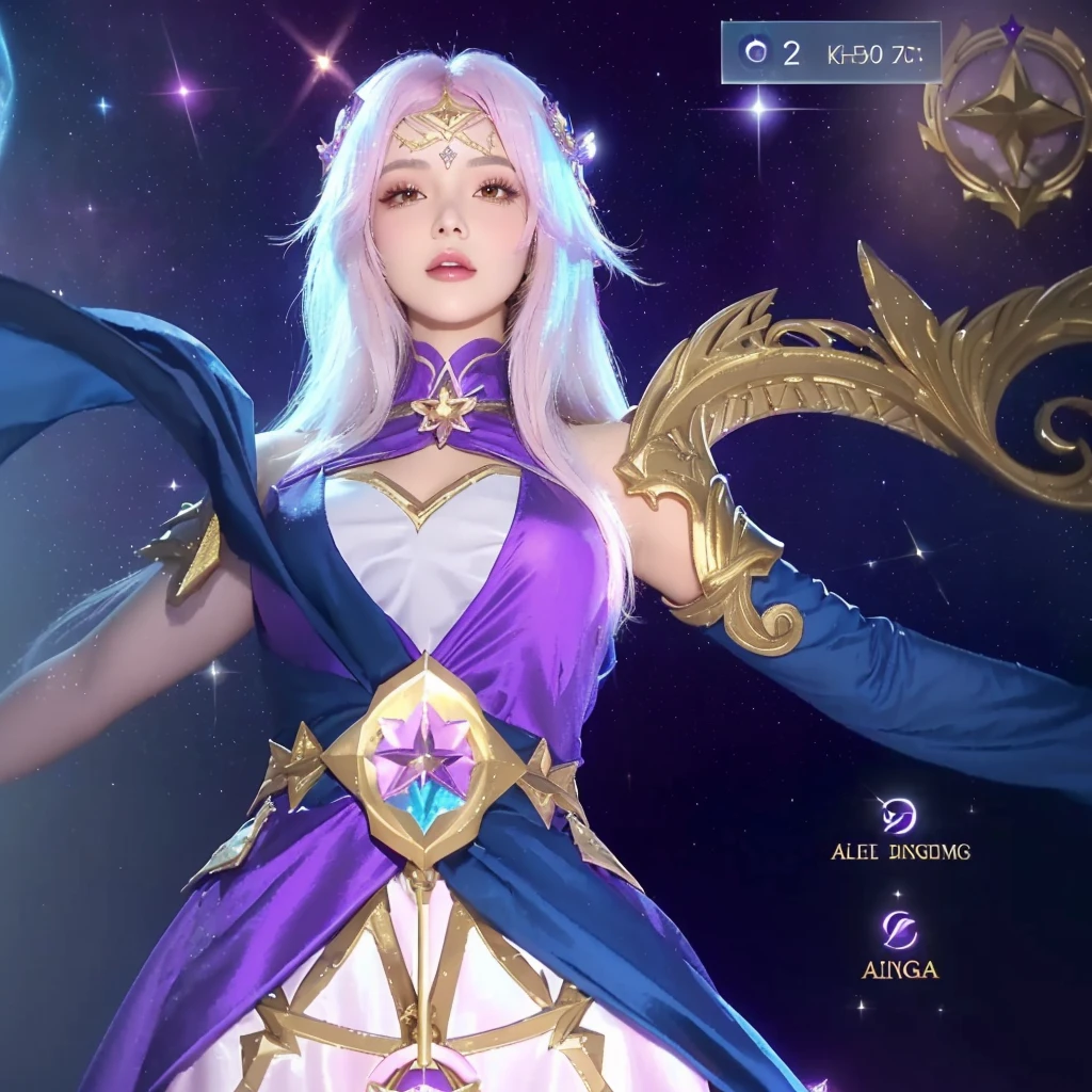 Beautiful woman a close up of a woman in a purple dress holding a sword, beautiful celestial mage, kda, seraphine ahri kda, portrait knights of zodiac girl, goddess of galaxies, mobile legends, zenra taliyah, knights of zodiac girl, star guardian inspired, astral ethereal, aura of magic around her, star guardians, tane skin, aion