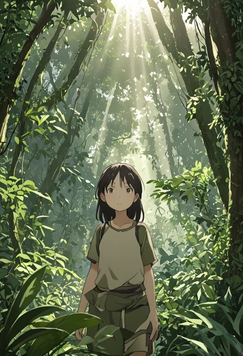 "It depicts a girl living in the natural environment of the jungle.. She wears simple clothes, Practical clothing for life in the forest. Her hair is disheveled、Loose, Demonstrating a connection to nature. The girl has a look of determination and confidence., Reflects adaptation to the wild environment. The lush vegetation of the surrounding area accentuates its peaceful and harmonious presence in the jungle.。. The light coming through the treetops creates a play of shadow and light., Add depth and mystery to the scene."