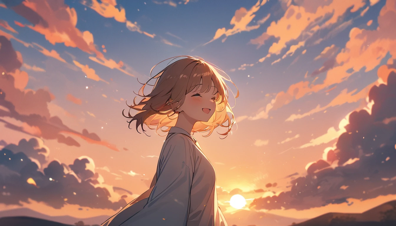 masterpiece, Highest quality, Movie stills, 1 Girl, Cloud Girl, Floating in the sky, close, bright, Happy, Warm and soft lighting, sunset, (spark:0.7)