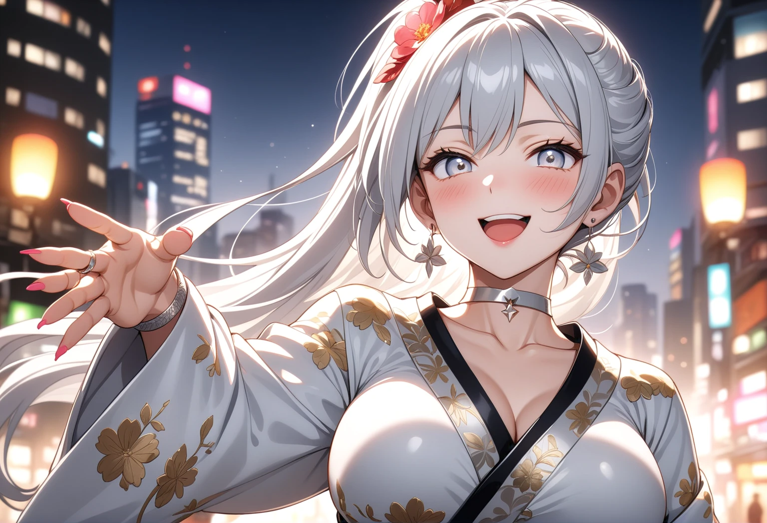 ((One personの女性)), Beautiful Face, Laughing embarrassedly, (laugh:1.2),((Wink:1.9)), (head tilt:1.3), Laugh with your mouth wide open, upper teeth, looking at viewer, ((full-face blush:1.6)),Glossy Red Lips, Night view, High rise building terrace, firework, Glossy red lips, Shining Face, ((Anime style background)),masterpiece, Highest quality, so beautiful,up to date, Complex details, (Pink long nails),(ring),(bracelet),(Floral choker),AI-generated, Complex,High resolution, Highest quality, super high quality,3D Images、3D Images, One person, Long white hair, High Ponytail, Anime woman posing for a photo, (blue eyes), ((Fine grain、Silvery white, lightly pigmented eyes、Shining Eyes:1.6)), (Squint your eyes:1.1),a hyperRealistic , hyperRealistic , Realistic,Anime woman with long white hair, Smooth anime CG art, (A woman in a colorful kimono with gold embroidery), ((Black long sleeve kimono)),(Red floral pattern),Long flower hair ornament,Earrings, Body,(Big BrTall,Abdominal muscles,Tight waist,(face focus:1.3), (front view),
