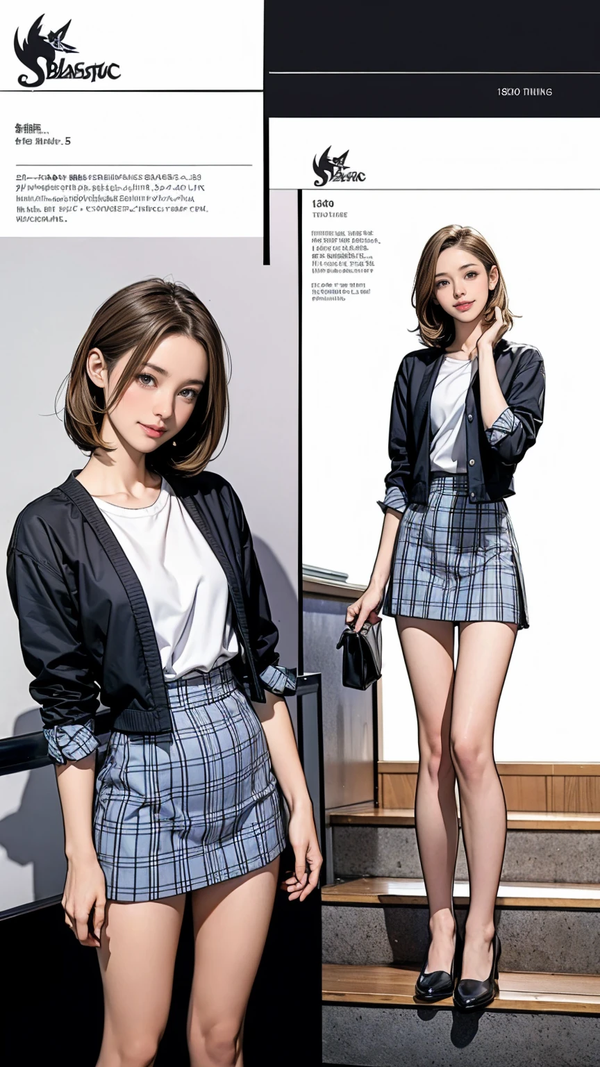 ((masterpiece)),(((Highest quality))),((Character design sheet)),Thin thighs,Long legs,An 18-year-old high school girl standing on the school steps,White shirt,Blue and red plaid mini skirt:1.5,The best smile,White panties:1.5，Short-cut blonde:1.5，short side waves，Carrying a black backpack，Butt Exposure，wear black loafers，