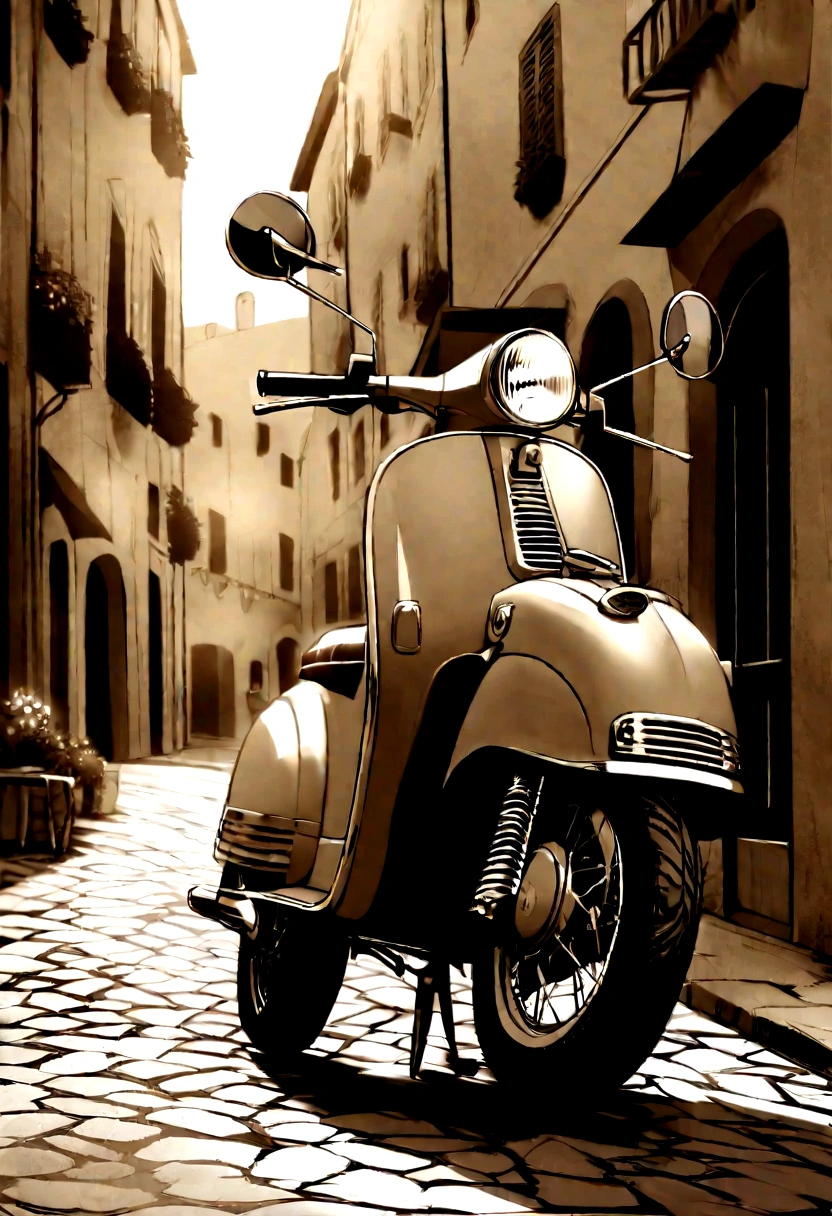 Create sepia-toned vintage-style photos on an Italian Vespa scooter elegantly parked on cobblestone streets. The Vespa should be a classic model with curves and elegant details. The scene should capture the essence of a traditional Italian street, Charming buildings and relaxed atmosphere. Lighting should reflect the warm tones of the golden hour, Soft shadows and nostalgic atmosphere. The overall composition should evoke a sense of timelessness, Ephemeral Beauty..