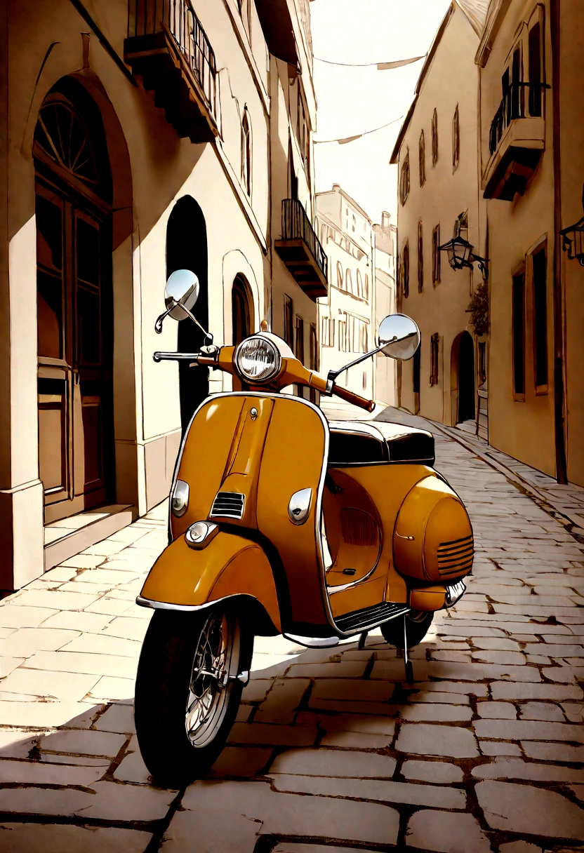 Create sepia-toned vintage-style photos on an Italian Vespa scooter elegantly parked on cobblestone streets. The Vespa should be a classic model with curves and elegant details. The scene should capture the essence of a traditional Italian street, Charming buildings and relaxed atmosphere. Lighting should reflect the warm tones of the golden hour, Soft shadows and nostalgic atmosphere. The overall composition should evoke a sense of timelessness, Ephemeral Beauty..