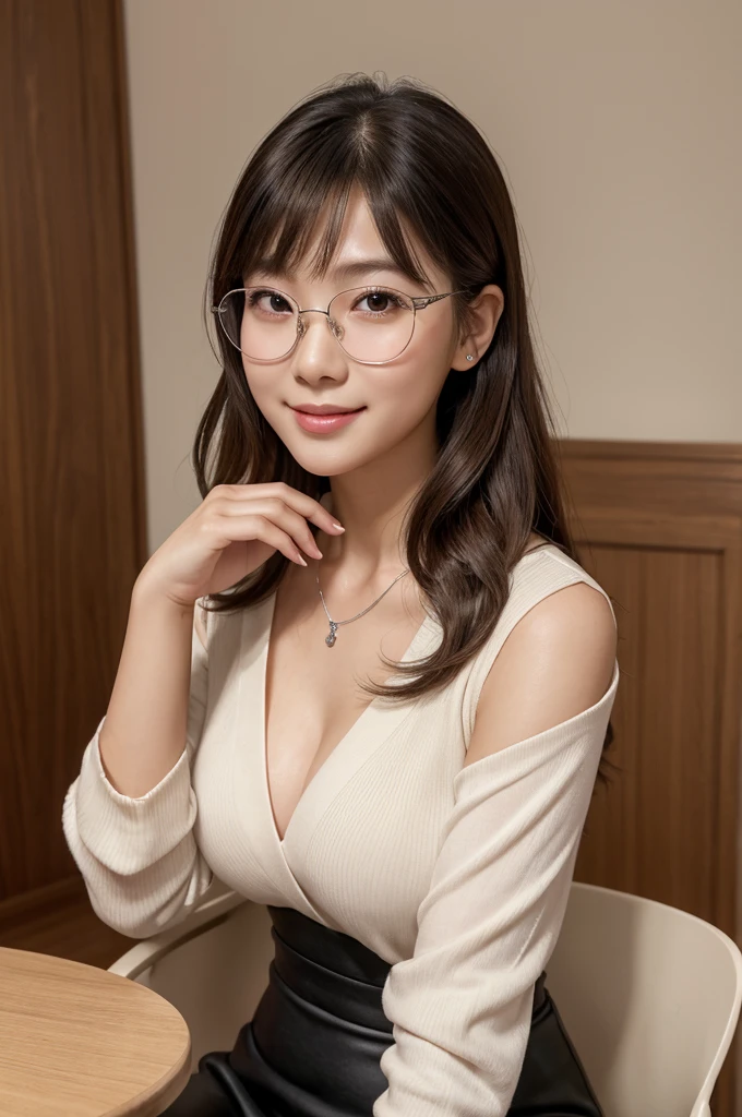 Lover's rental house,English conversation tutor,((full body)),((photo)),((best qualtiy, 8K, tmasterpiece:1.3)), Focus:1.2, perfect figure beautiful girl:1.4,1girl,cowboy shot,look at viewer, eyes facing the camera,incredibly absurd, beautiful and cute girl with a photorealistic face, showcasing top-quality craftsmanship, A half-Japanese, half-American woman sitting at a low table in a client's room teaching English, 23 years old, long brown wavy hair with long bangs, swept to the side, in a low ponytail, large light brown eyes with double eyelids, long eyelashes, small nose, plump pink lips, white teeth, impressive smile, gentle atmosphere, fair and smooth skin, plump rosy cheeks, well-defined facial features, glamorous, feminine curves, medium build, long fingers, narrow shoulders, slim waist, large G-cup breasts, silver-rimmed glasses, white blouse, tight black skirt, beige scarf, silver necklace, ring, watch, half-Japanese, pretty older woman, pretty, glasses suit her, cute voice, kind, stubborn, considerate, serious, responsible, curious, positive, June