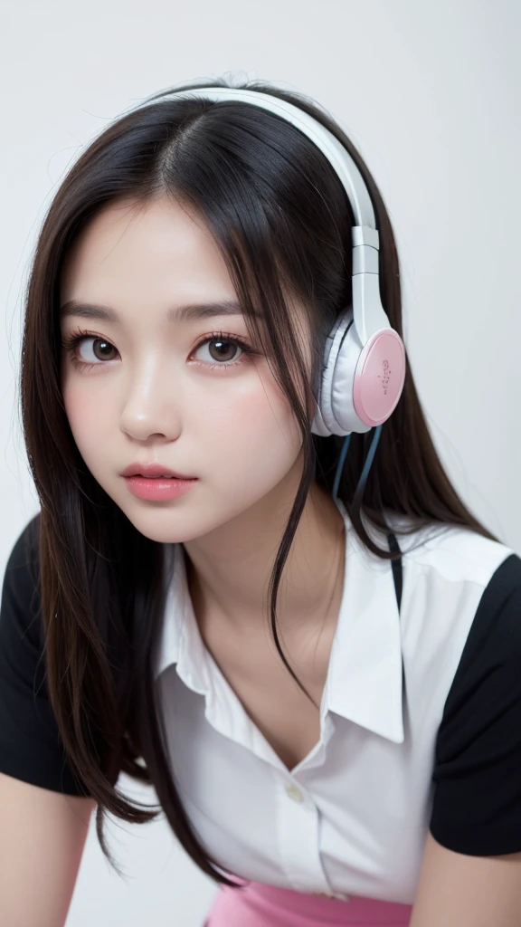 (((forehead、Northern Europe、White people、beautiful girl、Black Hair、White background、Pink wireless headphones、Listening to music、high school girl、Dress shirt、mini skirt)))、table top, highest quality, figure, super detailed, finely, High resolution, 8k wallpaper, Perfect dynamic composition, detailed and beautiful eyes, Deco out,bionde,  Natural color lip,white background, random cute poses,