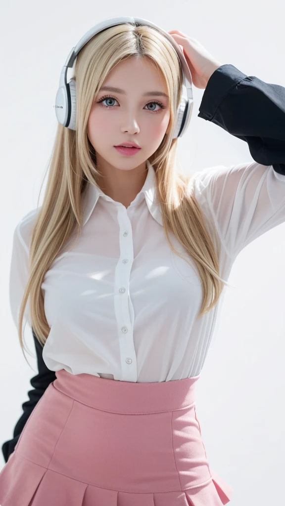 (((forehead、White Blonde Hair、Northern Europe、White people、beautiful girl、Blonde、White background、Pink wireless headphones、Listening to music、high school girl、Dress shirt、mini skirt)))、table top, highest quality, figure, super detailed, finely, High resolution, 8k wallpaper, Perfect dynamic composition, detailed and beautiful eyes, Deco out,bionde, medium hair, Natural color lip,white background, random cute poses,frill dress