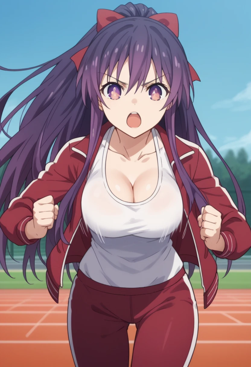 Score_9, Score_8_up, Score_7_up, source_anime BREAK photo of cowboy, looking at viewer, alone, 1 girl, Tohka Yatogami, 1 girl, alone, long hair, purple hair, purple eyes, very long hair, ponytail, red bow, headband , perfect body. sports suit, sports pants, sports jacket, red jacket, red pants,
big breasts, skin teething, toning, open mouth, heavy breathing, running, hands up, sideways, cleavage, bouncing breasts, speed lines, dynamic pose, 
Outdoor, running track, school yard, blue sky, sunlight,