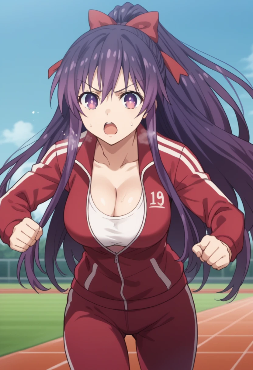 Score_9, Score_8_up, Score_7_up, source_anime BREAK photo of cowboy, looking at viewer, alone, 1 girl, Tohka Yatogami, 1 girl, alone, long hair, purple hair, purple eyes, very long hair, ponytail, red bow, headband , perfect body. sports suit, sports pants, sports jacket, red jacket, red pants,
big breasts, skin teething, toning, open mouth, heavy breathing, running, hands up, sideways, cleavage, bouncing breasts, speed lines, dynamic pose, 
Outdoor, running track, school yard, blue sky, sunlight,