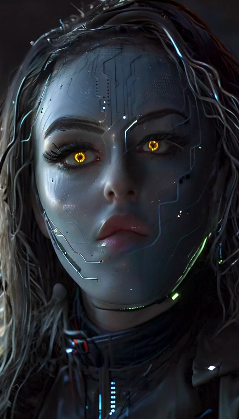battle damage , missing arm ,bright yellow eyes, ultra-detailed,vibrant colors,sci-fi,portrait,dramatic lighting,detailed facial features,dark background,long hair,glowing eyes,futuristic clothing,expressionless face,metallic texture,bright highlights,high contrast,radiant colors,artificial intelligence theme,sharp focus,technological elements,shadows and highlights,ethereal glow,neon lights,stormy atmosphere,otherworldly setting,unconventional composition,sharp lines,sleek design,mysterious atmosphere,unearthly beauty,digital enhancements,advanced technology,glowing circuitry,abstract background,ominous presence,subtle reflections,energetic pose,unique perspective,foreshortening effect,symmetrical composition,imposing presence,dynamic energy,striking visual impact,translucent overlays,organic and mechanical fusion.