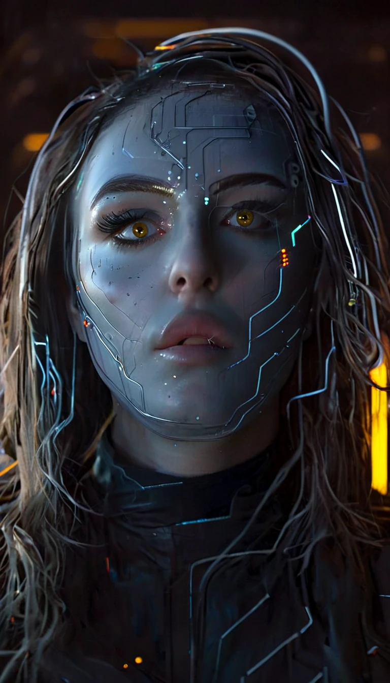 battle damage , missing arm ,bright yellow eyes, ultra-detailed,vibrant colors,sci-fi,portrait,dramatic lighting,detailed facial features,dark background,long hair,glowing eyes,futuristic clothing,expressionless face,metallic texture,bright highlights,high contrast,radiant colors,artificial intelligence theme,sharp focus,technological elements,shadows and highlights,ethereal glow,neon lights,stormy atmosphere,otherworldly setting,unconventional composition,sharp lines,sleek design,mysterious atmosphere,unearthly beauty,digital enhancements,advanced technology,glowing circuitry,abstract background,ominous presence,subtle reflections,energetic pose,unique perspective,foreshortening effect,symmetrical composition,imposing presence,dynamic energy,striking visual impact,translucent overlays,organic and mechanical fusion.