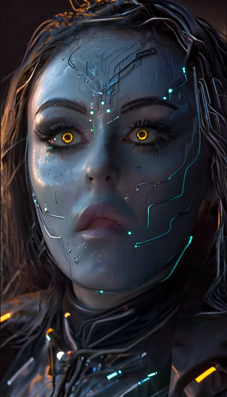 battle damage , missing arm ,bright yellow eyes, ultra-detailed,vibrant colors,sci-fi,portrait,dramatic lighting,detailed facial features,dark background,long hair,glowing eyes,futuristic clothing,expressionless face,metallic texture,bright highlights,high contrast,radiant colors,artificial intelligence theme,sharp focus,technological elements,shadows and highlights,ethereal glow,neon lights,stormy atmosphere,otherworldly setting,unconventional composition,sharp lines,sleek design,mysterious atmosphere,unearthly beauty,digital enhancements,advanced technology,glowing circuitry,abstract background,ominous presence,subtle reflections,energetic pose,unique perspective,foreshortening effect,symmetrical composition,imposing presence,dynamic energy,striking visual impact,translucent overlays,organic and mechanical fusion.
