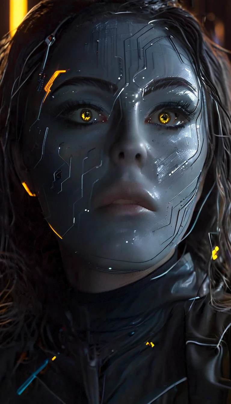 battle damage , missing arm ,bright yellow eyes, ultra-detailed,vibrant colors,sci-fi,portrait,dramatic lighting,detailed facial features,dark background,long hair,glowing eyes,futuristic clothing,expressionless face,metallic texture,bright highlights,high contrast,radiant colors,artificial intelligence theme,sharp focus,technological elements,shadows and highlights,ethereal glow,neon lights,stormy atmosphere,otherworldly setting,unconventional composition,sharp lines,sleek design,mysterious atmosphere,unearthly beauty,digital enhancements,advanced technology,glowing circuitry,abstract background,ominous presence,subtle reflections,energetic pose,unique perspective,foreshortening effect,symmetrical composition,imposing presence,dynamic energy,striking visual impact,translucent overlays,organic and mechanical fusion.
