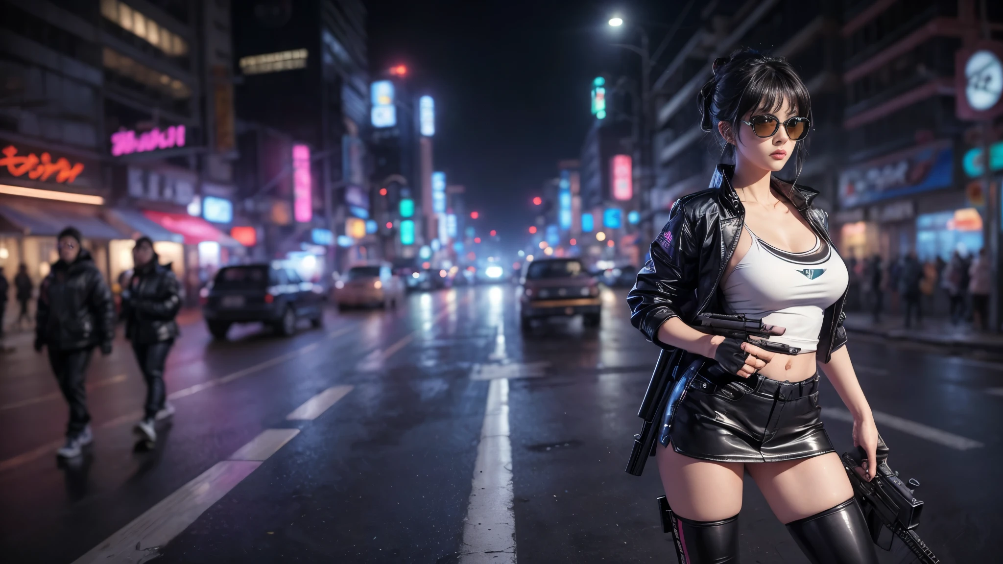 ８k, Realistic Skin Texture, Realistic Photo, Neo Tokyo, slim Japanese women, large-breast:1.3 cleavage, ＡＤ2050 at night, Dirty hunting jacket, Wearing shirt, miniskirt, (((micro black sunglasses, automatic rifle, sneakers, cold, shooting pose, low angle view))), Innovative composition, revenge, An old 1966 Ford Bronco that looks out of place in a city, cyberpunk, blade runner worldview, Large neon sign, Geisha hologram sign, Strong Wakamoto Sign.