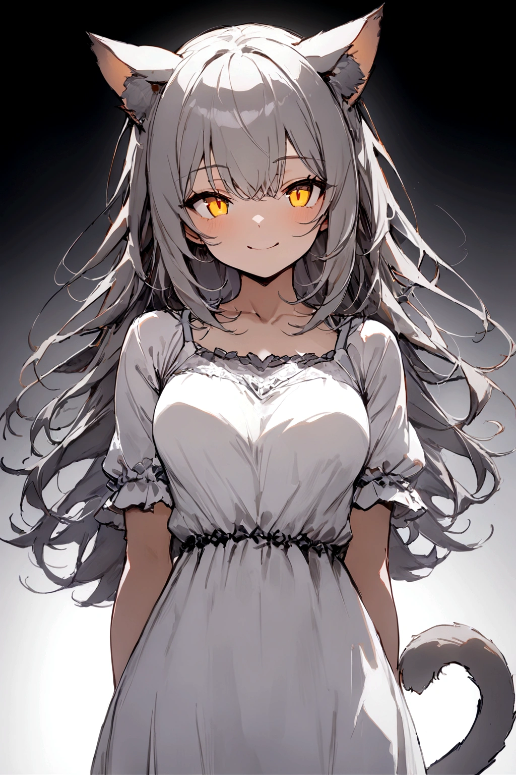 ((masterpiece)), ((best quality)), (from front, facing front:1.1), (close-up:1.2), (half-body shot:1.36), perfect anatomy, 1girl, solo, cat girl, long gray straight hair, yellow round eyes, gray cat ears, gray fluffy cat tail, basic short-sleeved loose white dress, smiling, looking at viewers