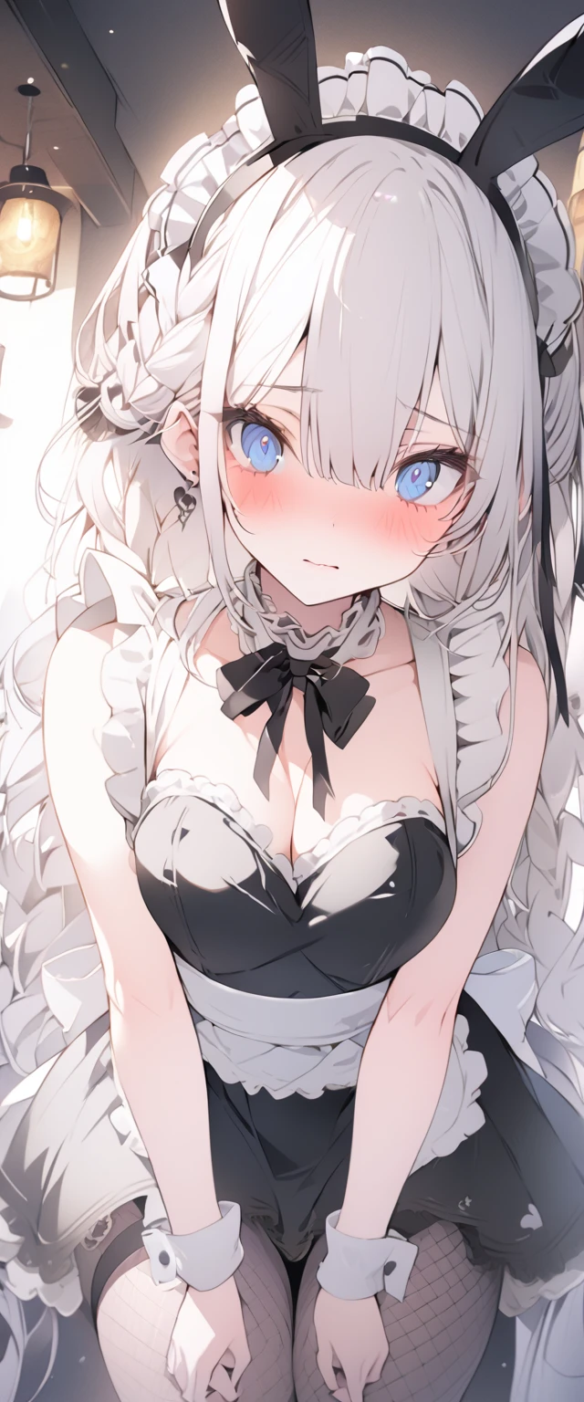beautiful, masterpiece, Highest quality, anime, One girl, C Cup,Portrait Shot, View your viewers, Covered、Long Hair、nearby、Blue Eyes、art、White hair,black streaked hair, dark atmosphere、Thighs、Braid、Bunny Maid、Fishnet tights、Embarrassed、Cafe