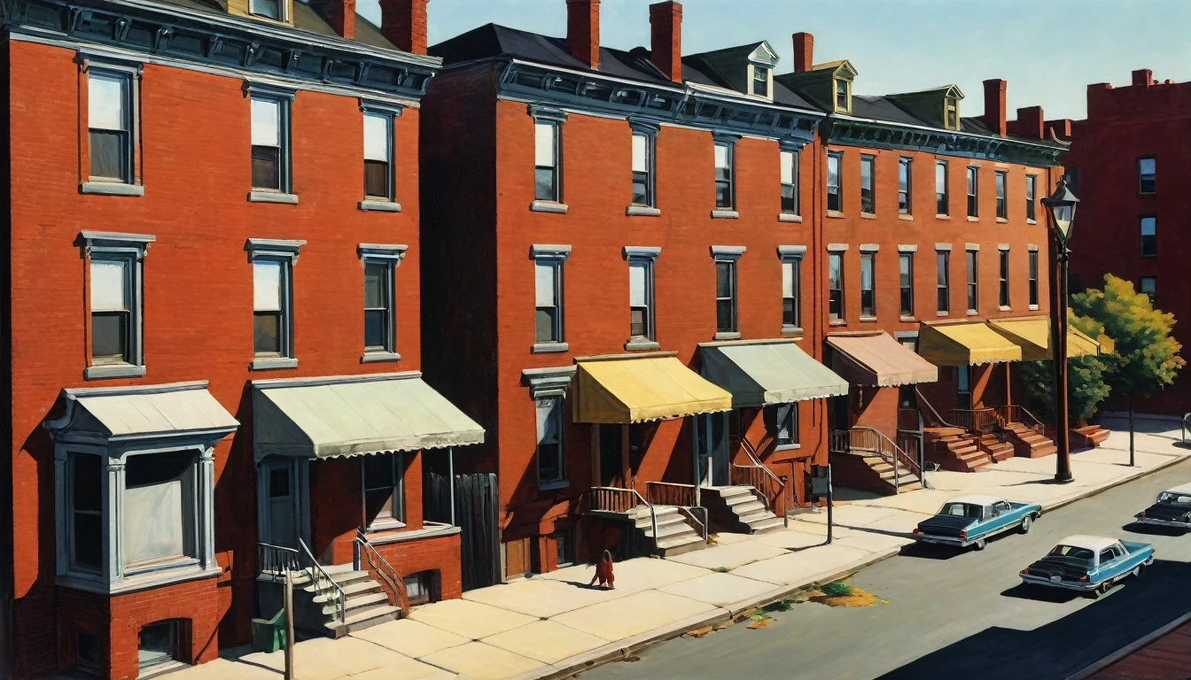 dark chiascuro urban America with red brick ghetto homes daytime sunshine, 1980s, by Edward Hopper, best quality, masterpiece, very aesthetic, perfect composition, intricate details, ultra-detailed, colorful