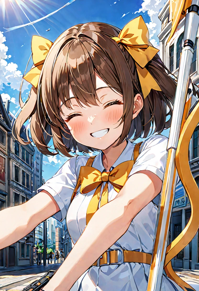 1 girl, alone, broad, blush, SMILE, Brown hair, bow, two tails, Closed eyes, weapon, short sleeves, hair bow, sky, day, blue sky, building, in front of the viewer, yellow bow, bow (weapon), ARROW (projectile)