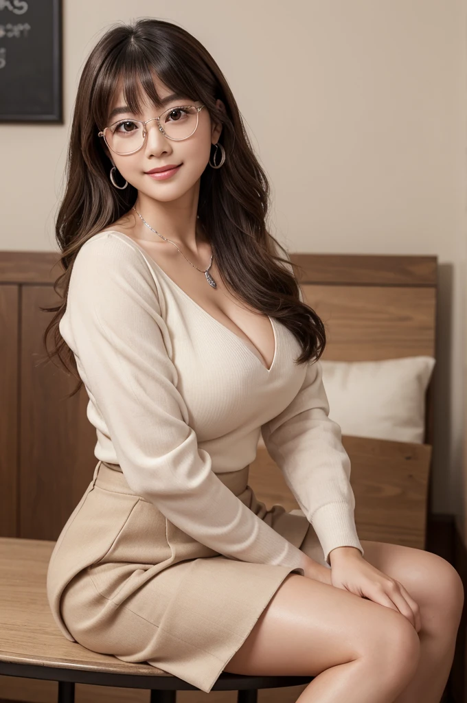 Lover's rental house,English conversation tutor,((full body)),((photo)),((best qualtiy, 8K, tmasterpiece:1.3)), Focus:1.2, perfect figure beautiful girl:1.4,1girl,cowboy shot,look at viewer, eyes facing the camera,incredibly absurd, beautiful and cute girl with a photorealistic face, showcasing top-quality craftsmanship, A half-Japanese, half-American woman sitting at a low table in a client's room teaching English, 23 years old, long brown wavy hair with long bangs, swept to the side, in a low ponytail, large light brown eyes with double eyelids, long eyelashes, small nose, plump pink lips, white teeth, impressive smile, gentle atmosphere, fair and smooth skin, plump rosy cheeks, well-defined facial features, glamorous, feminine curves, medium build, long fingers, narrow shoulders, slim waist, large G-cup breasts, silver-rimmed glasses, white blouse, tight black skirt, beige scarf, silver necklace, ring, watch, half-Japanese, pretty older woman, pretty, glasses suit her, cute voice, kind, stubborn, considerate, serious, responsible, curious, positive, June