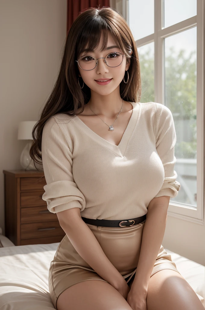 Lover's rental house,English conversation tutor,((full body)),((photo)),((best qualtiy, 8K, tmasterpiece:1.3)), Focus:1.2, perfect figure beautiful girl:1.4,1girl,cowboy shot,look at viewer, eyes facing the camera,incredibly absurd, beautiful and cute girl with a photorealistic face, showcasing top-quality craftsmanship, A half-Japanese, half-American woman sitting at a low table in a client's room teaching English, 23 years old, long brown wavy hair with long bangs, swept to the side, in a low ponytail, large light brown eyes with double eyelids, long eyelashes, small nose, plump pink lips, white teeth, impressive smile, gentle atmosphere, fair and smooth skin, plump rosy cheeks, well-defined facial features, glamorous, feminine curves, medium build, long fingers, narrow shoulders, slim waist, large G-cup breasts, silver-rimmed glasses, white blouse, tight black skirt, beige scarf, silver necklace, ring, watch, half-Japanese, pretty older woman, pretty, glasses suit her, cute voice, kind, stubborn, considerate, serious, responsible, curious, positive, June