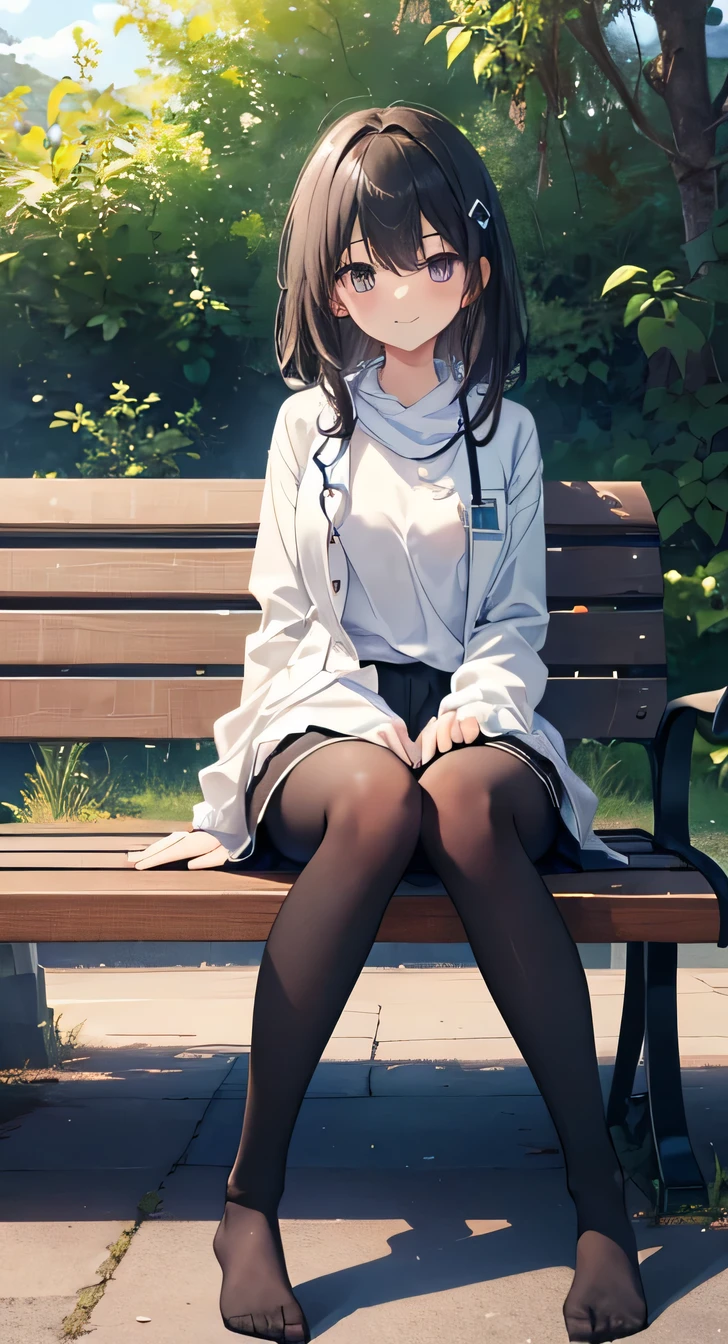  High resolution, (Head to Toe full body), front, frontComposition from slightly below, Symmetric, Tall 18 year old girl, alone, (Head to Toe), (Small breasts), Black Hair, (black tights), (Black Pantyhose), (Sit with your legs apart), (Crouching pose), ( (Sit on a bench with your legs spread), (M-shaped feet), Thin legs, Very beautiful tall 18 year old girl, , smile、 Looking into the camera, White、Doctor&#39;s uniform、Knee-length skirt、Medical Sandals