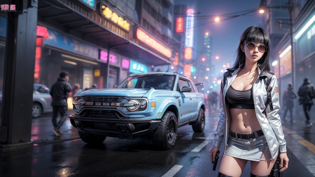 8k, Realistic Skin Texture, Realistic Photo, Neo Tokyo, slim Japanese women, large-breast:1.3 cleavage, AD2050 at night, Dirty hunting jacket, Wearing shirt, miniskirt, (((micro black sunglasses, automatic rifle, sneakers, cold, shooting pose, low angle view))), Innovative composition, revenge, An old 1966 Ford Bronco that looks out of place in a city, cyberpunk, blade runner worldview, Large neon sign, Geisha hologram sign, Strong Wakamoto Sign.