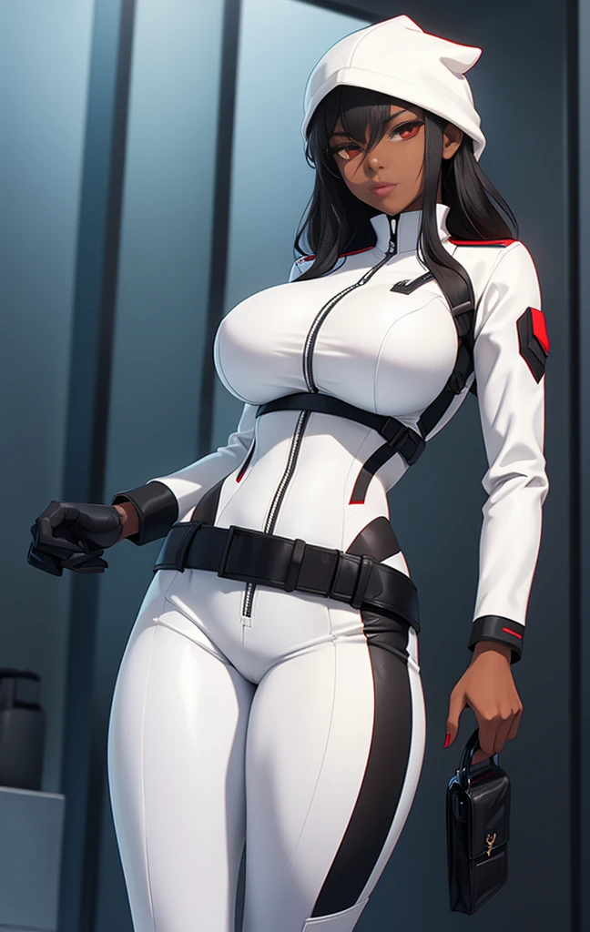 girl, with big breasts, white spy suit, dark skinned ebony