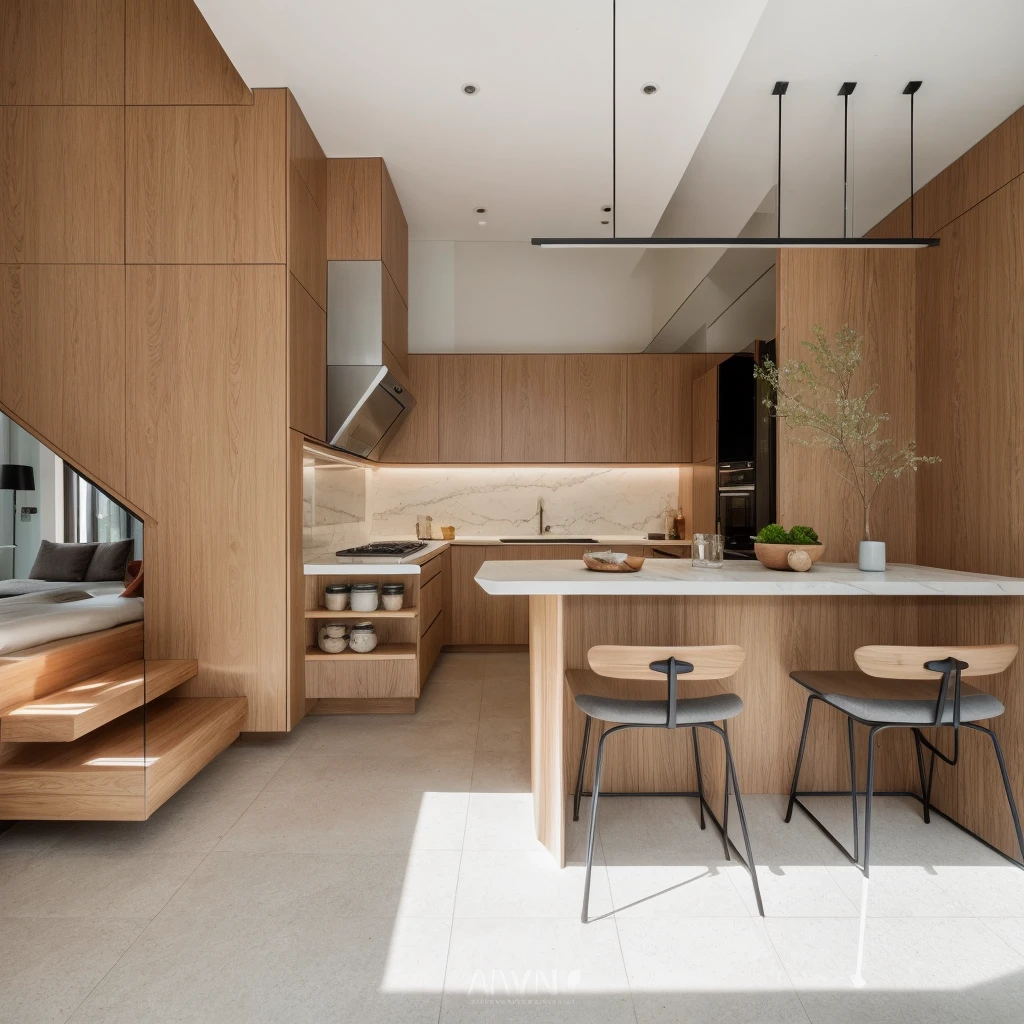 RAW photo, 8k uhd, dslr, soft lighting, high quality, film grain, Fujifilm XT3, interior of kitchen, modern style, wood, tile, sofa, table, chair, stair, tree, daylight, 