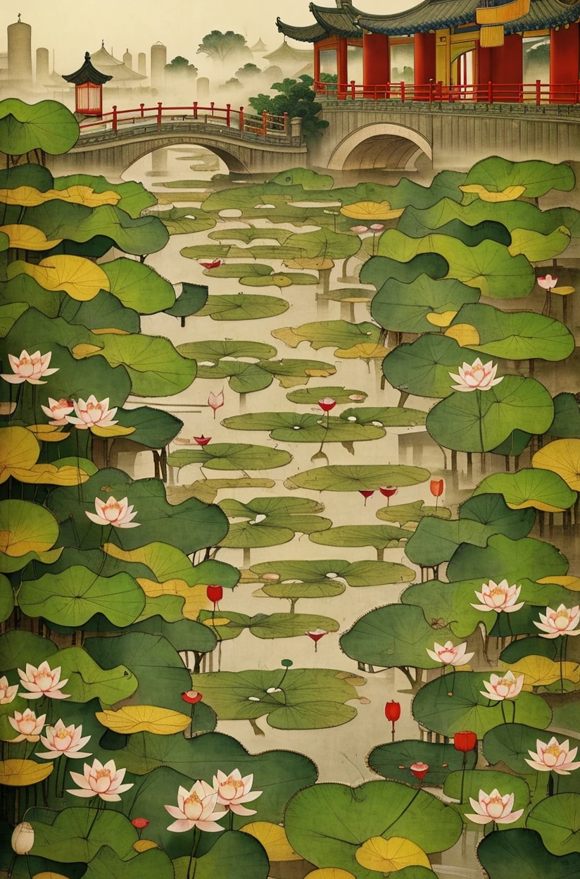 bridge red bridge Chinese architecture, seven-hole bridge, Jiangnan village in the distance, minimalist photography Chinese architecture, early morning, lotus pond, lotus leaf pond, mist, 8,000, high resolution, National Geographic works, original photos, international gold award photos