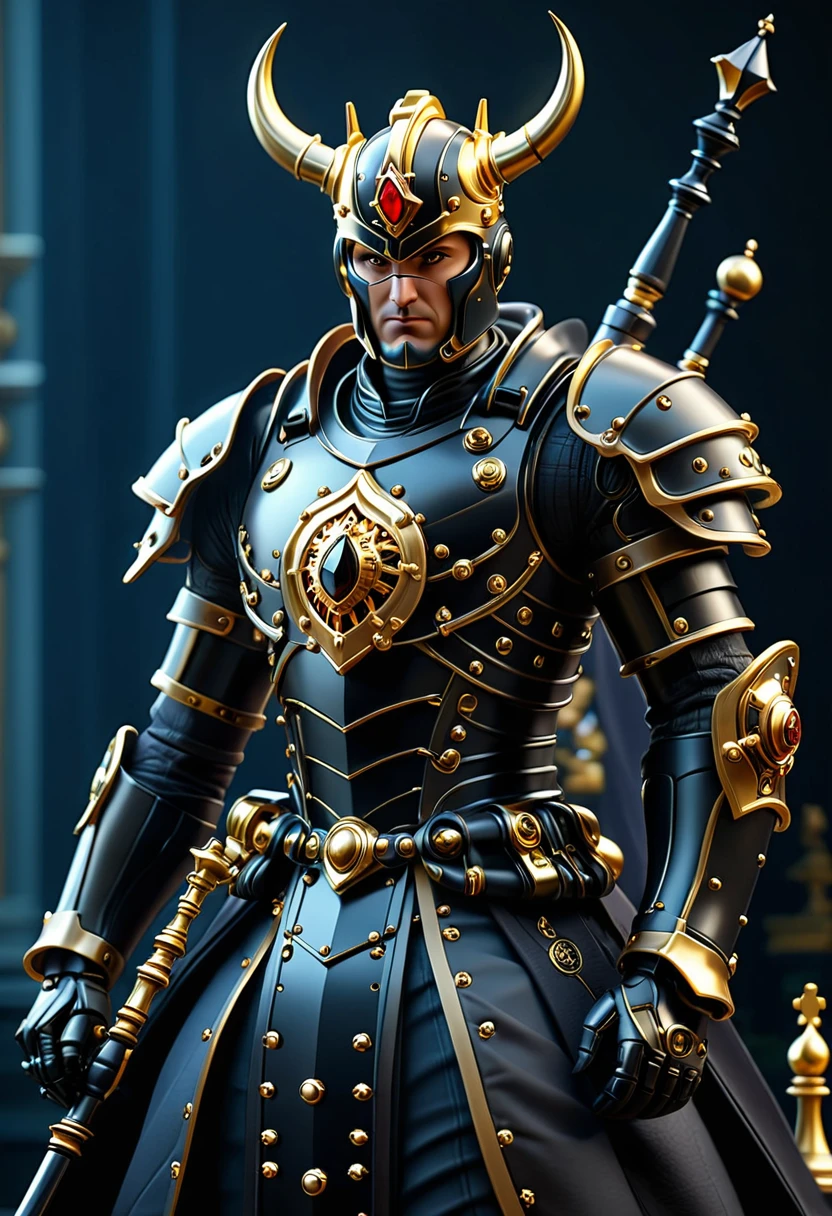 an elegant complex bio mechanical chess king onyx and gold, intricate details, 3d style, cyborg style, Movie Still, Leonardo Style, Macro Realism Style, Macro photography, close-up, hyper detailed, trending on artstation, sharp focus, studio photo, intricate details, highly detailed, 8k